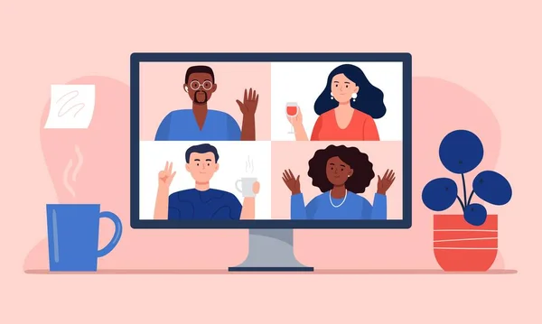 Evde arkadaşlarla görüntülü görüşme. Akış, web sohbeti, online parti, ya da online toplantı kavramları. İş yeri, karantina karantinası. Moda düz vektör illüstrasyonu.