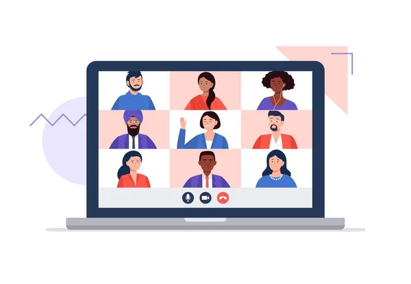 İnsanlar internetteki bir video konferansında öğreniyor ya da buluşuyorlar. Arkadaşlarla ya da iş arkadaşlarıyla video görüşmesi, evden çalışmak, ve her yerden çalışmak. Moda düz vektör illüstrasyonu.