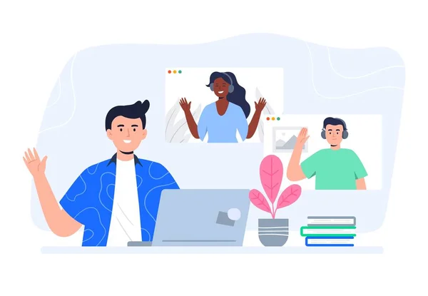 A boy speaks on the laptop with friends. Video conference, online chat concept. Working or online meeting from home. Trendy flat vector illustration. — Stock Vector