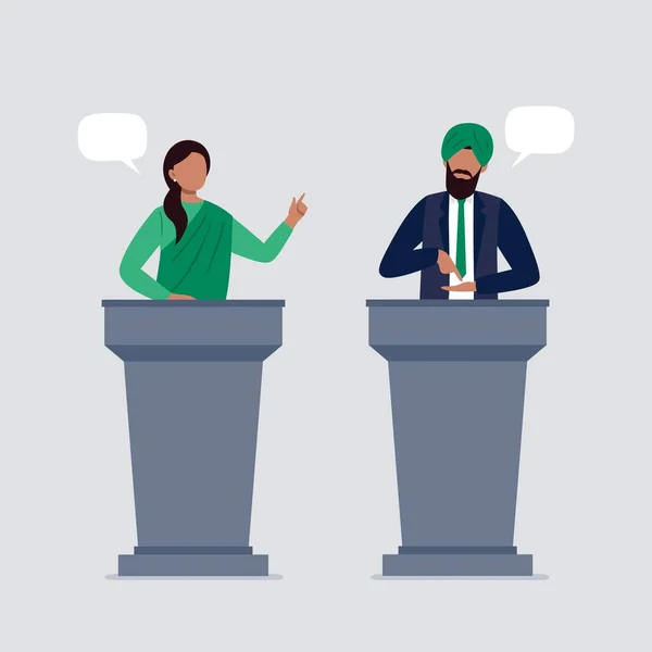 Les Indiens participent aux débats. Paire de fonctionnaires qui se parlent, discutent de problèmes ou ont un différend. Illustration vectorielle plate. — Image vectorielle