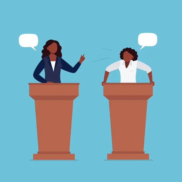 Des femmes afro-américaines participent aux débats. Paire de fonctionnaires qui se parlent, discutent de problèmes ou ont un différend. Illustration vectorielle plate. — Image vectorielle