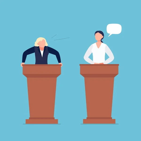 Female candidates taking part in debates. Pair of government workers talking to each other, discussing problems, or having a dispute. Flat vector illustration. — Stock Vector