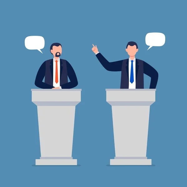 Männliche Kandidaten nehmen an Debatten teil. Paar von Regierungsmitarbeitern, die miteinander reden, Probleme besprechen oder Streit haben. Flache Vektorabbildung. — Stockvektor