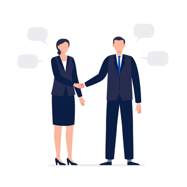 Deux candidats se serrent la main. Un homme et une femme en costume officiel ont une réunion d'affaires. Illustration vectorielle plate. — Image vectorielle