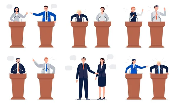 Set of female and male politicians with different emotions. Politicians shaking hands, smiling, shouting, debate. Public debate concepts. Vector character in cartoon style. — Stock Vector