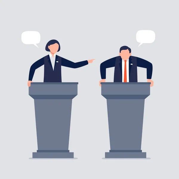 Une femme et un homme qui participent aux débats. Paire de fonctionnaires qui se parlent, discutent de problèmes ou ont un différend. Illustration vectorielle plate. — Image vectorielle