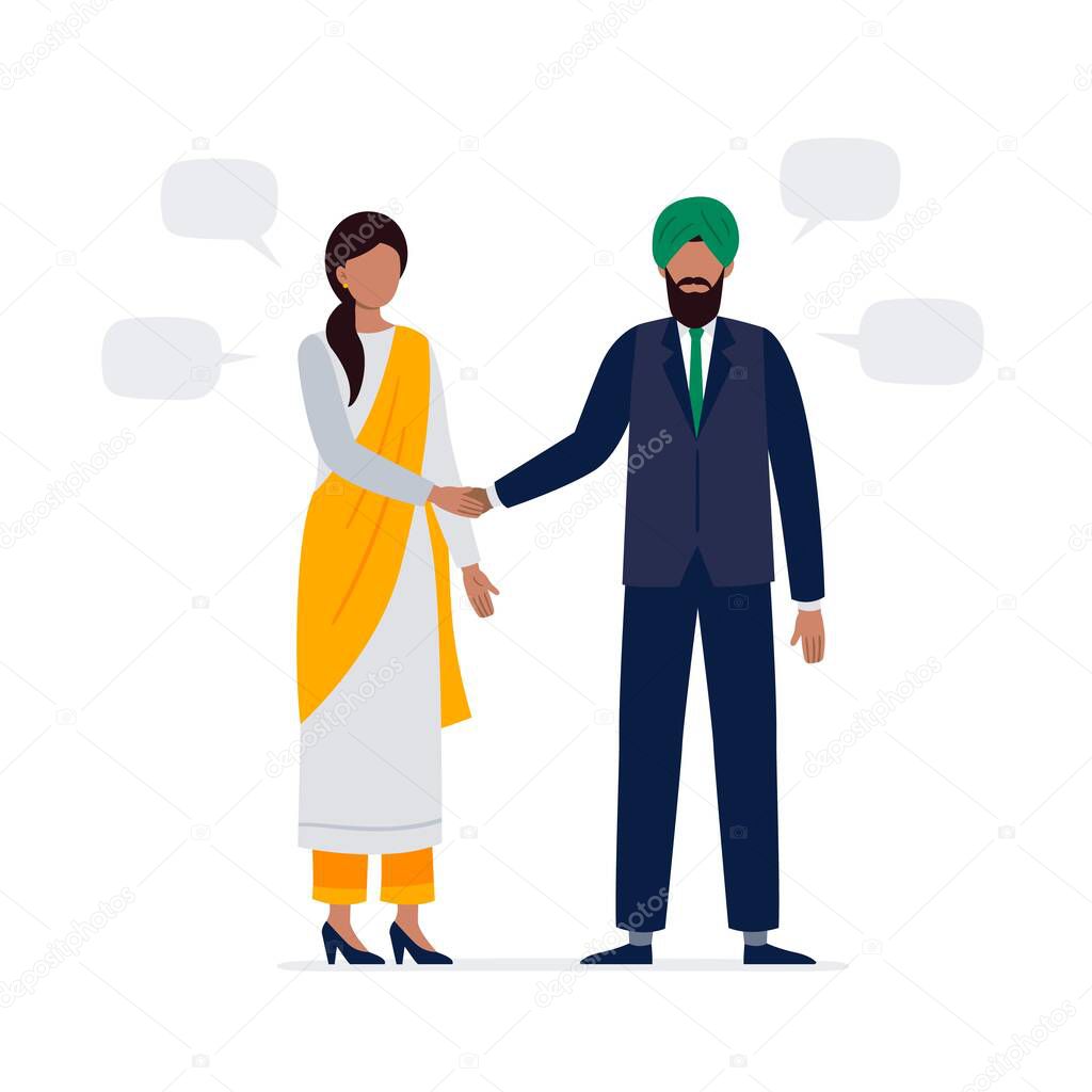 An Indian man and woman are shaking hands. Two politicians in an official suit and national clothes have a business meeting. Flat vector illustration.