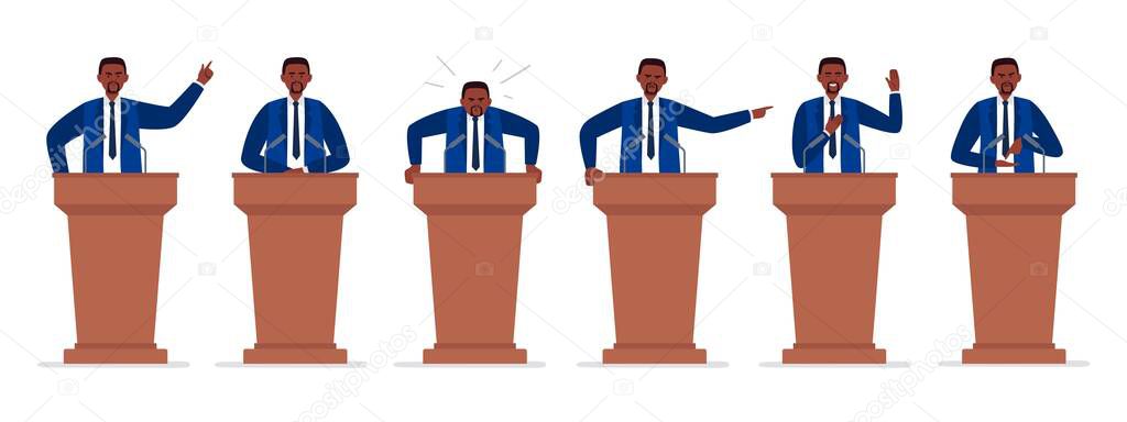 A male african-american politician has a speech on the tribune. Different emotions of a political candidate. Public speaking concept. Vector character in cartoon style.