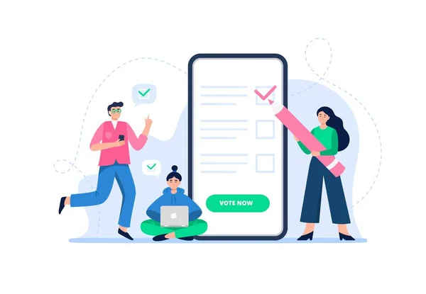 E-voting concept. A man and women vote online pros and cons. Online voting, freedom of choices, democracy concept. Flat vector illustration can be used for landing page, web, UI, banner. — Stock Vector