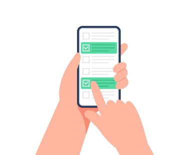 Çevrimiçi araştırma konsepti. Akıllı telefonu elinde tutan bir adam online bir teste katılıyor. Çevrimiçi seçim, elektronik oylama konsepti. Düz vektör illüstrasyonu.