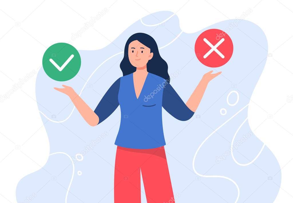 A young woman with two buttons. Accept and cancel. Online choice, electronic voting concept. Flat vector illustration.