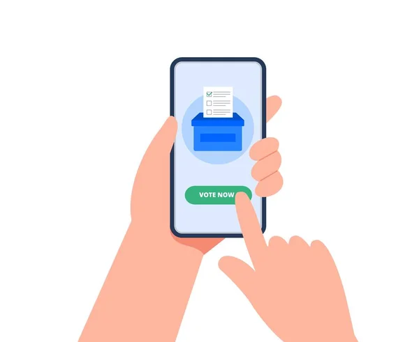 Akıllı telefonlu e-oylama konsepti. Telefonu elinde tutan ve oy veren bir adam var. Çevrimiçi oylama konsepti, elektronik oylama, seçim internet sistemi. Düz vektör illüstrasyonu. — Stok Vektör