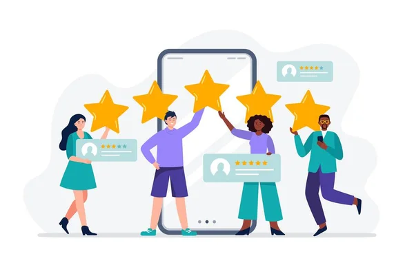 A multiethnic group of people evaluating app, product, service. People giving five stars. User experience feedback concept. Trendy vector flat illustration. — Stock Vector