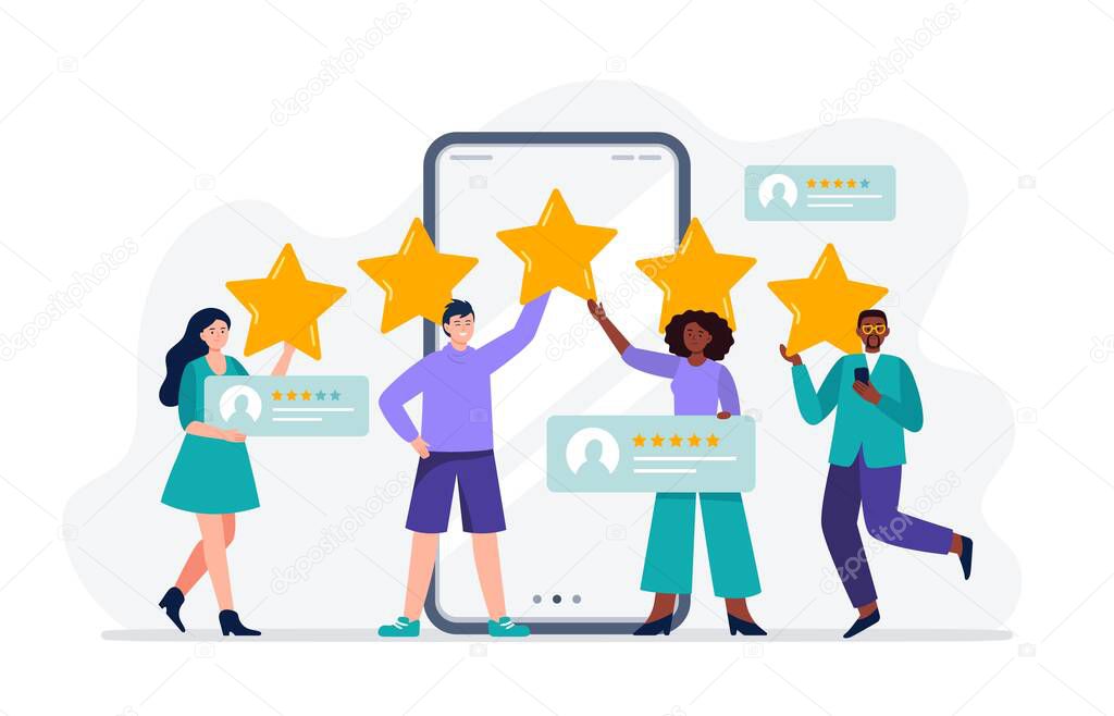 A multiethnic group of people evaluating app, product, service. People giving five stars. User experience feedback concept. Trendy vector flat illustration.