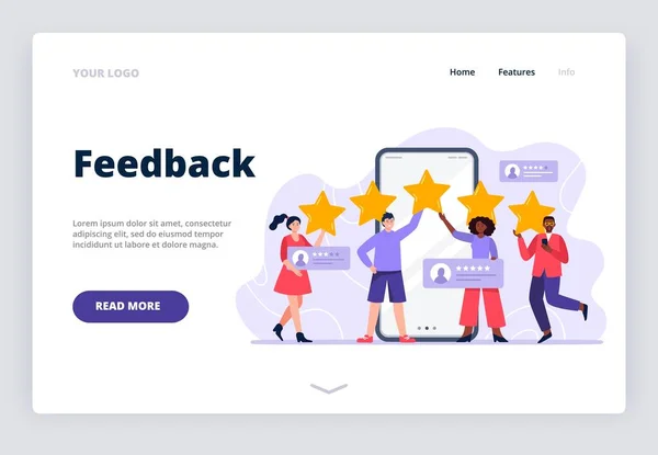 Vijf sterren mobiele app feedback. Een multi-etnische groep van mensen evalueren app, product, service. Landing page template met user experience feedback concept. Trendy vector platte illustratie. — Stockvector