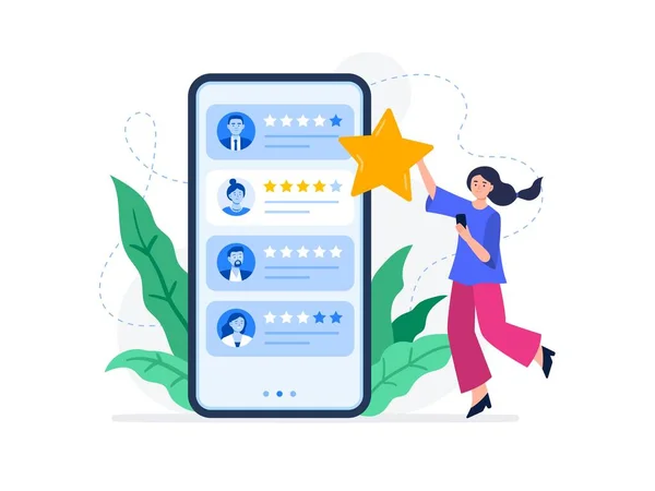 Een jonge vrouw beoordeelt feedback van klanten. Nuttige beoordelingen voor klanten. Keuze beoordeling app, beoordelingen van klanten. Trendy vector platte illustratie. — Stockvector