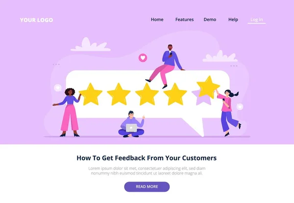 Plantilla de landing page con concepto de rating. La gente está dando evaluaciones para el producto, servicio. Evaluaciones de satisfacción del cliente y comentarios. Ilustración plana vector de moda. — Vector de stock