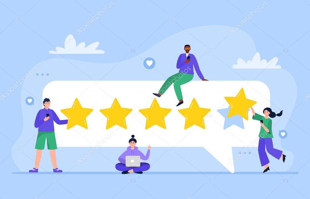 People are giving five stars for product, service. Customer satisfaction ratings and feedback. User experience feedback concept. Trendy vector flat illustration.
