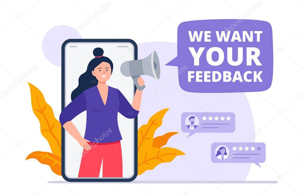A girl with a loudspeaker asks customers to leave a review. Evaluating app, product, service. Feedback consumer, a customer review. Trendy vector flat illustration.