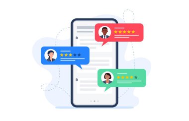 Geri bildirim müşterileri bir telefon ekranında gözden geçiriyorlar. Ürünleri ve hizmetleri değerlendiren insanlar. Web sitesi değerlendirme geribildirim konsepti. Moda vektör düz resimleme.
