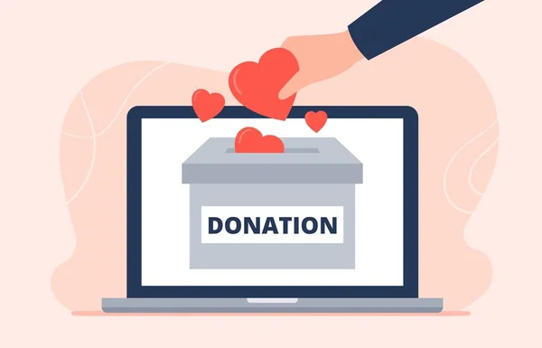 Concepto de donación en línea. Una mano poniendo donaciones en la caja. Asistencia voluntaria, caridad, ayuda. Ilustración plana vector de moda. — Archivo Imágenes Vectoriales