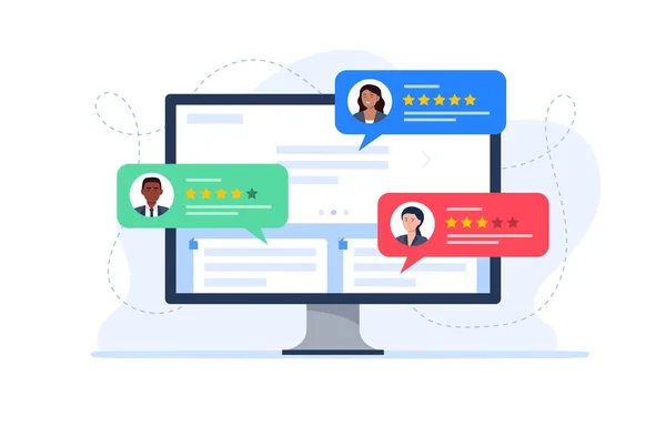 Feedback customers review on a computer monitor. People evaluating product, service. Website rating feedback concept. Trendy vector flat illustration. — Stock Vector