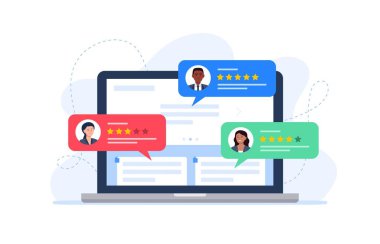 Geri bildirim müşterileri bir laptop monitöründe gözden geçiriyorlar. Ürünleri ve hizmetleri değerlendiren insanlar. Web sitesi değerlendirme geribildirim konsepti. Moda vektör düz resimleme.