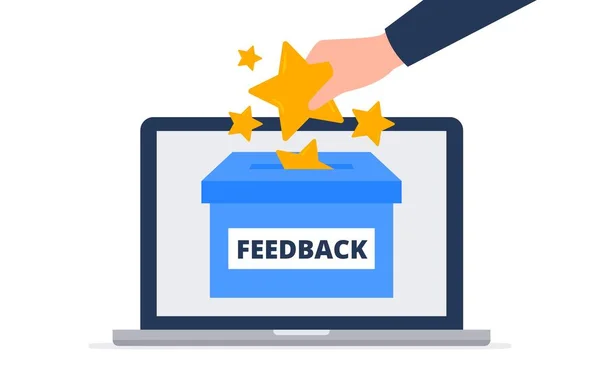 Online feedback concept. Een klant die sterren in de feedbackbox stopt. Evaluatie van product, service, user experience feedback. Trendy vector platte illustratie. — Stockvector