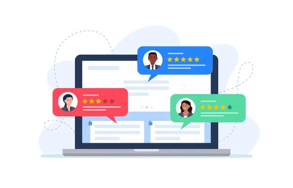 Avaliação de clientes de feedback em um monitor de laptop. Pessoas avaliando produto, serviço. Conceito de feedback de classificação de site. Ilustração plana vetorial na moda . —  Vetores de Stock