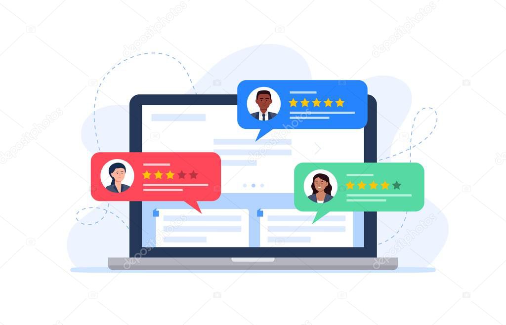 Feedback customers review on a laptop monitor. People evaluating product, service. Website rating feedback concept. Trendy vector flat illustration.