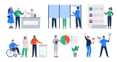 Seçim süreciyle ilgili bir dizi çizim. Seçim günü, oy veren ve adayı seçen insanlar, oy verme, protesto etme ve muhalif insanların sonuçları. Vektör düz çizimler.