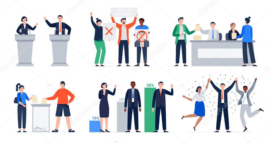 Set of voting and election concepts. Debate candidates, protesting people, pre-election campaign, election day, results of the voting, the winner with his team.  Vector flat illustrations.