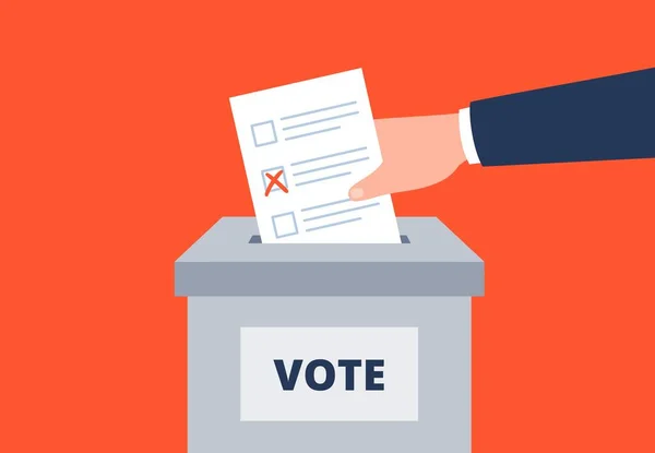 Una mano sta mettendo la scheda elettorale alle urne. Voto contrario. Elezioni democratiche. Illustrazione piatta vettoriale. — Vettoriale Stock