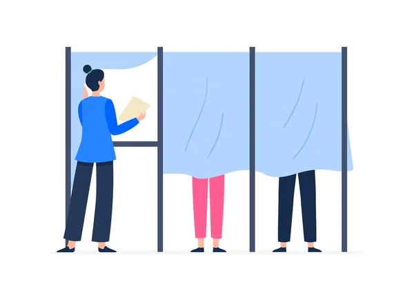Una mujer está en la cabina de votación. Concepto de votación y elección. Elecciones democráticas. Ilustración plana del vector. — Vector de stock