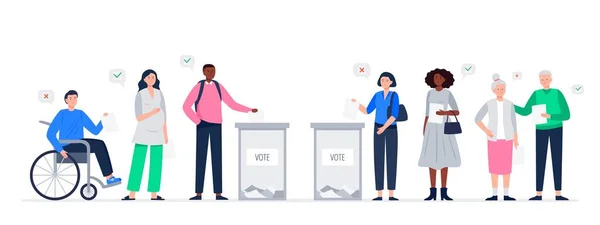 Concepto del día de elecciones. Diferentes votantes emiten votos en el lugar de votación. Hombres y mujeres poniendo papeletas en las urnas electorales. Elecciones democráticas. Ilustración plana del vector. — Vector de stock