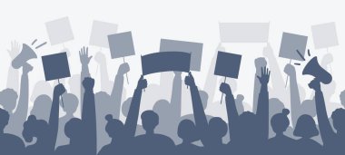 Posterleri ve megafonları olan insanların siluetleri. Politik, sosyal, kişisel konumun ifadesi. Devrim, gösteri, protesto konsepti. Vektör düz resimleme. 