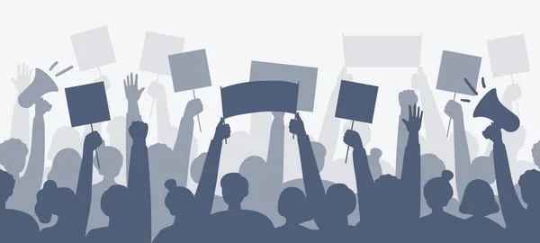 Posterleri ve megafonları olan insanların siluetleri. Politik, sosyal, kişisel konumun ifadesi. Devrim, gösteri, protesto konsepti. Vektör düz resimleme. 