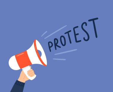 Protesto konuşmasında bir megafonu tutan el. Devrim kavramı, gösteri, protesto. Vektör düz resimleme. 