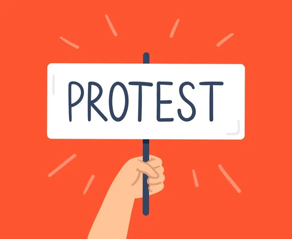 Χέρι κρατώντας ένα λευκό πανό με μια πινακίδα διαμαρτυρίας. Επανάσταση, διαδήλωση, διαμαρτυρία. Διανυσματική επίπεδη απεικόνιση. — Διανυσματικό Αρχείο