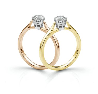 Çift Solitaire Diamond Rings gölge beyaz arka plan üzerinde Izole. Gül altın ve sarı altın geleneksel nişan yüzükleri. 