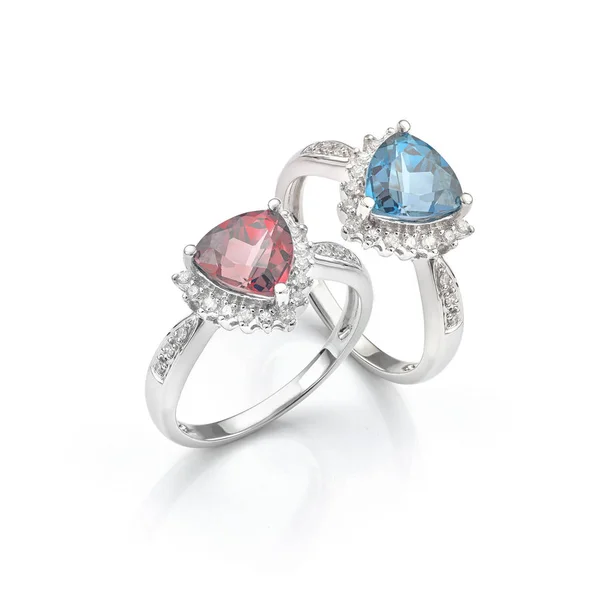 Red Blue Gemstone Diamond Rings Pereche Izolată Fundal Alb Dispunând — Fotografie, imagine de stoc