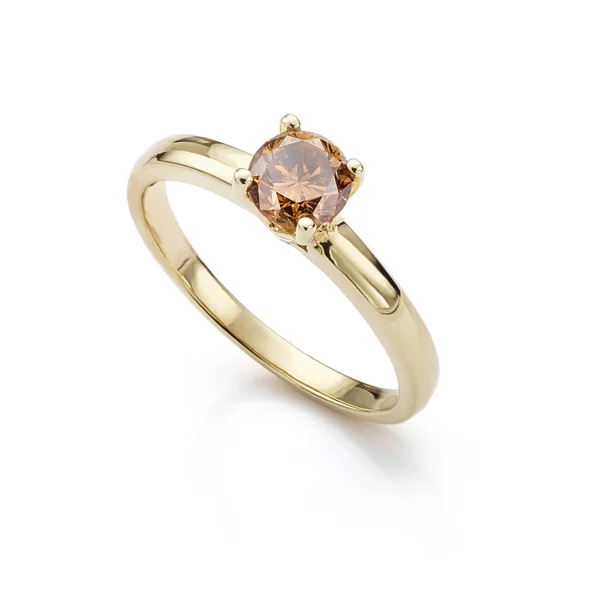 Bague Diamant Brun Isolé Sur Fond Blanc Dispose Solitaire Diamant — Photo