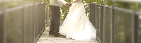 Panorama Una Sposa Uno Sposo Nel Parco Striscione Nozze — Foto Stock