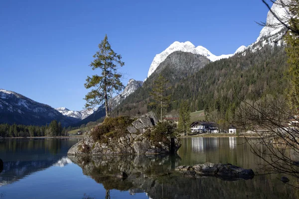 Salida Del Sol Oro Famoso Lago Hintersee Baviera Alemania — Foto de Stock