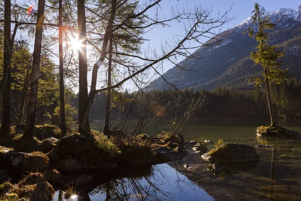 Golden Sunrise Aan Het Beroemde Meer Hintersee Beieren Duitsland — Stockfoto