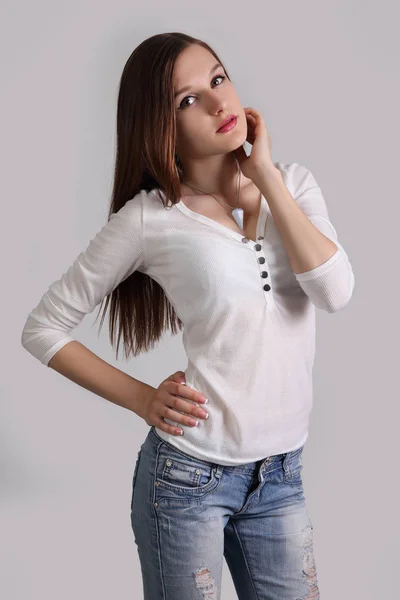 Young Beautiful Girl Dressed Jeans Blouse — Stock Photo, Image