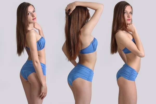 Giovane Ragazza Carina Posa Bikini Sfondo Grigio — Foto Stock
