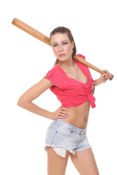Hermosa Mujer Morena Con Bate Béisbol Aislado — Foto de Stock