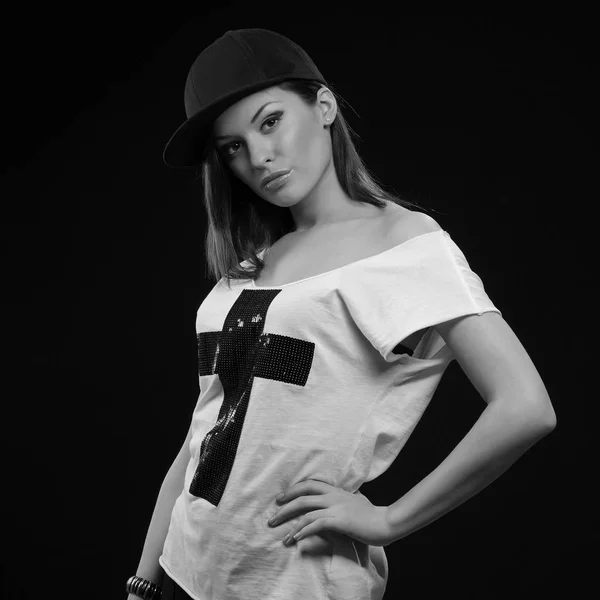 Young Serious Girl Posing Black Cap — Stock Photo, Image