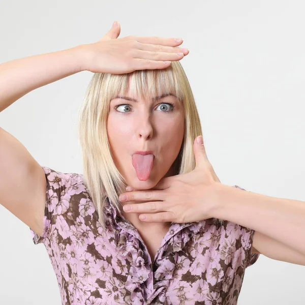 Crazy Blonde Woman Makes Squint Fun — Stock Photo, Image